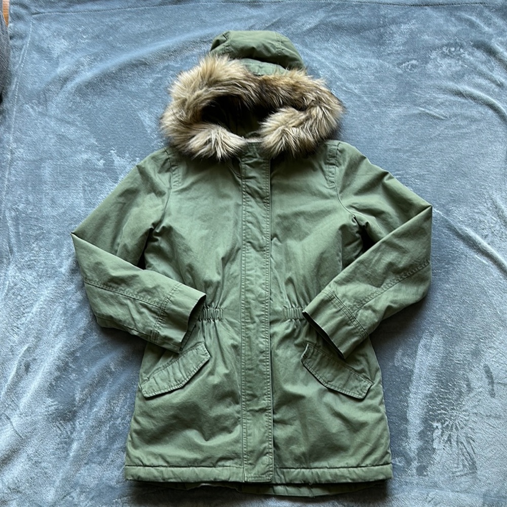 GAP Olive Parka with Faux Fur Trim